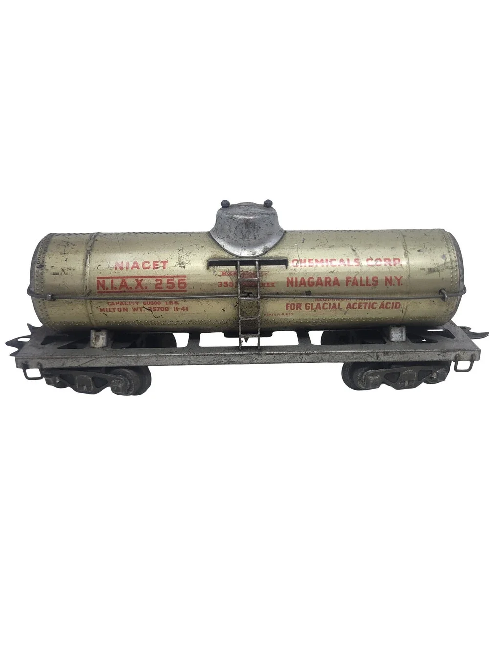 Vintage Tin Litho Toy Train Tank Car Niacet Chemicals O Gauge 7in USA Made 1940s
